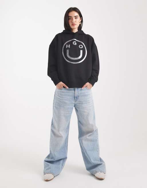 HUGO BLUE Dolasa glitter gel logo relaxed fit hoodie in black, 2 of 4