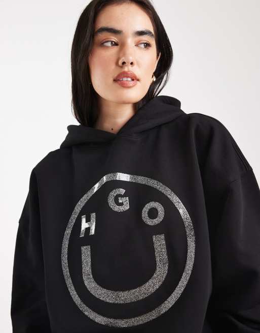 HUGO BLUE Dolasa glitter gel logo relaxed fit hoodie in black, 3 of 4