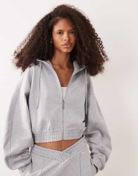 HUGO Blue dolpie cropped zip through hoodie in grey (part of a set) - view 1