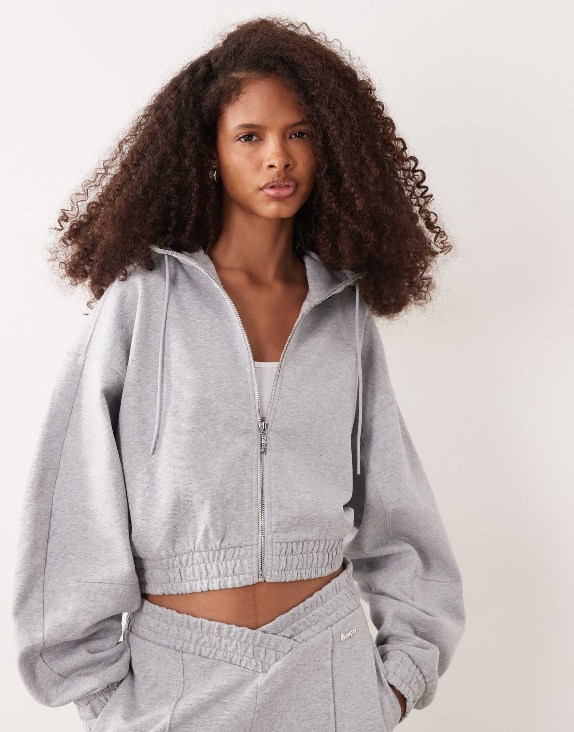 hugo blue dolpie cropped zip up hoodie in gray - part of a set
