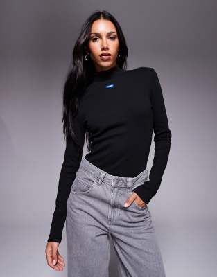 Hugo Blue Easy Central Logo Slim Fit Long Sleeve Top In Black