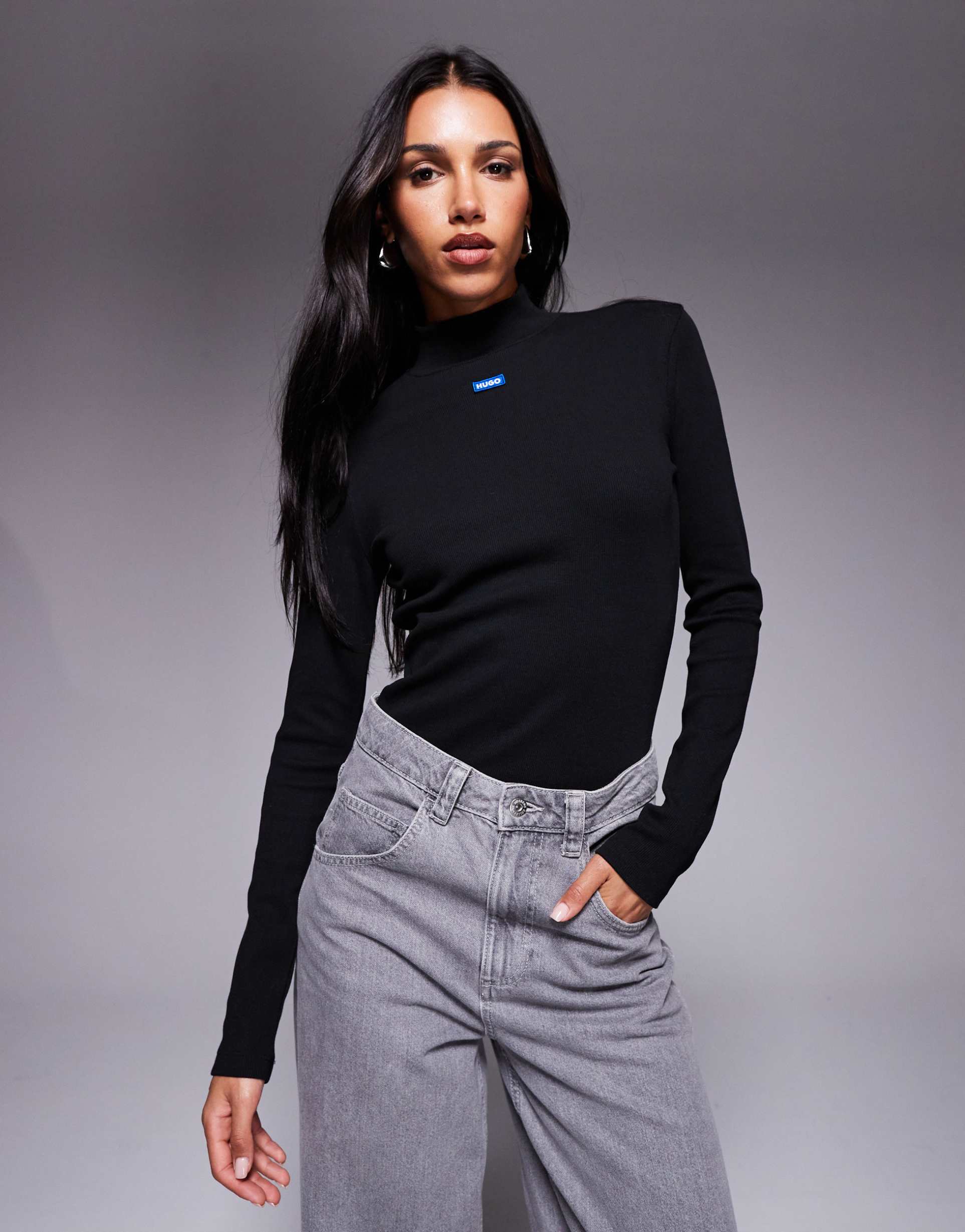 hugo blue easy central logo slim fit long sleeve top in black