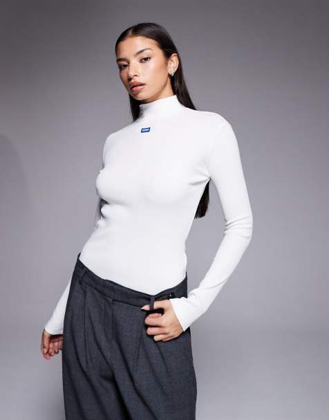 HUGO Blue - Easy - Hvid langærmet slim fit-overdel med centreret logo - view 1