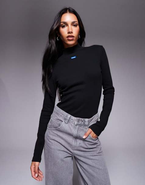 HUGO Blue - Easy - Sort og langærmet top i slim fit med centralt logo - view 1