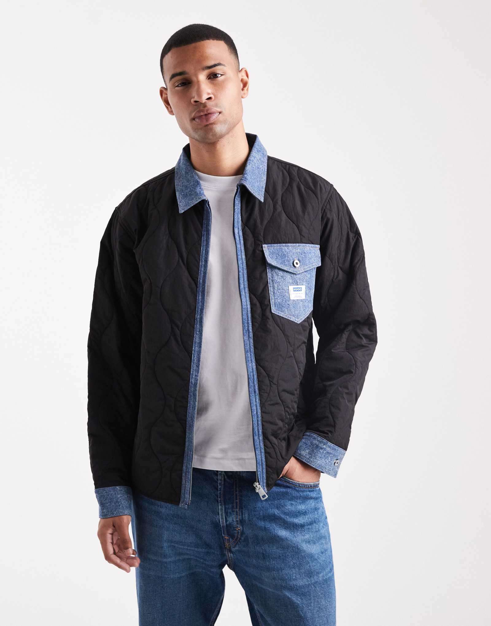 Стеганая куртка-рубашка свободного кроя с джинсовой отделкой HUGO Blue Ebey черного цвета