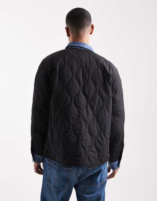 Hugo Blue Ebey denim trim quilted relaxed fit shirt jacket in black, 3 of 5