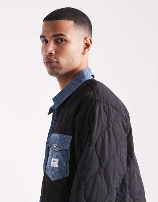 Hugo Blue Ebey denim trim quilted relaxed fit shirt jacket in black, 4 of 5