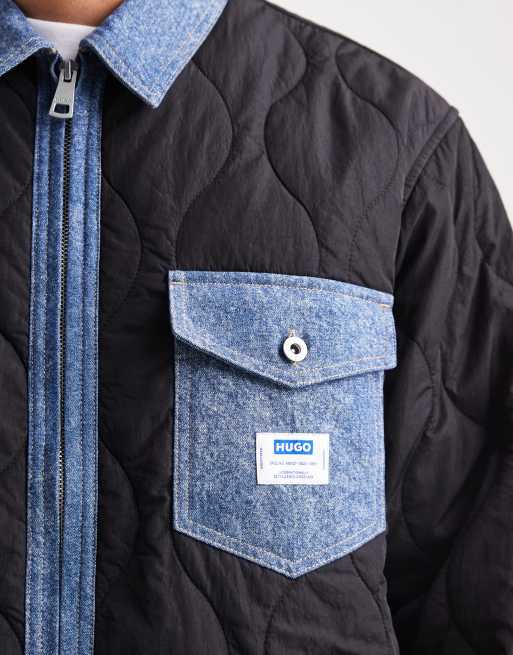 Hugo Blue Ebey denim trim quilted relaxed fit shirt jacket in black, 5 of 5