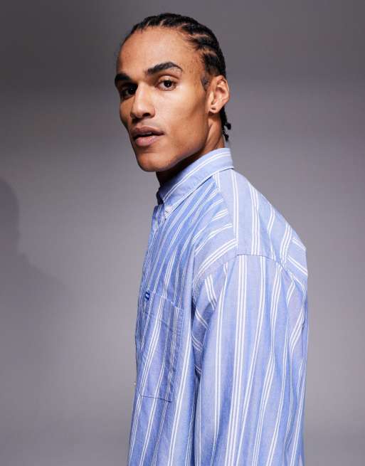 HUGO BLUE Ebill oversized striped shirt in blue, 4 of 5