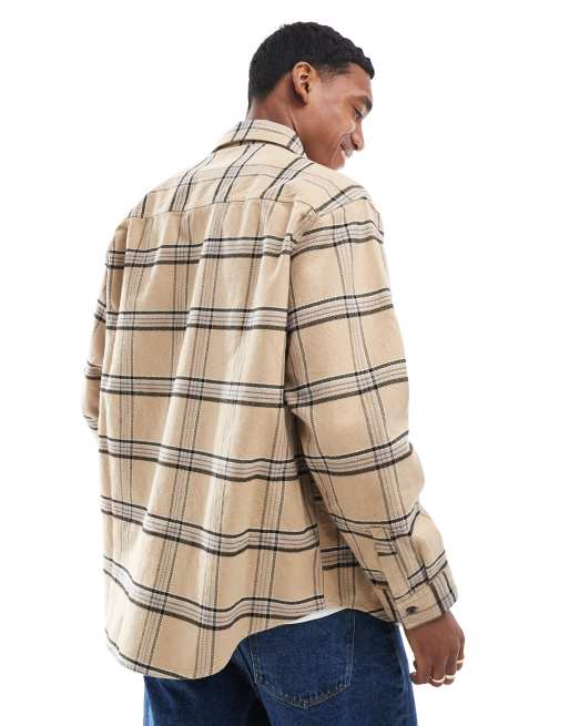 HUGO Blue ebolt oversized flannel shirt in beige and blue check ASOS