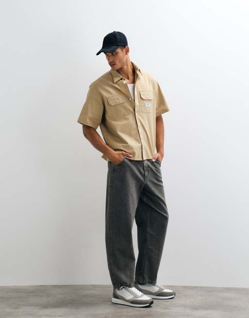 HUGO Blue Ekyno oversized shirt in beige, 3 of 5