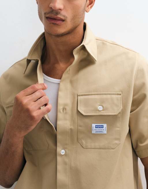 HUGO Blue Ekyno oversized shirt in beige, 4 of 5