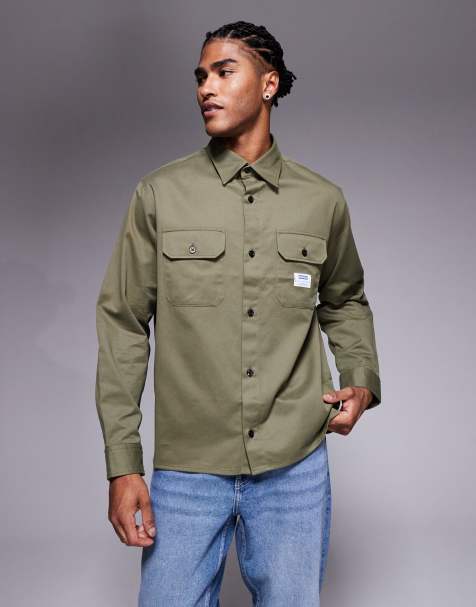 HUGO Blue Ekynone logo label pocket oversized overshirt in dark green - view 1