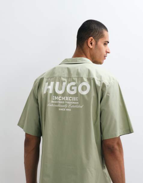 HUGO Blue Eligino relaxed fit revere collar shirt in mid green - view 1