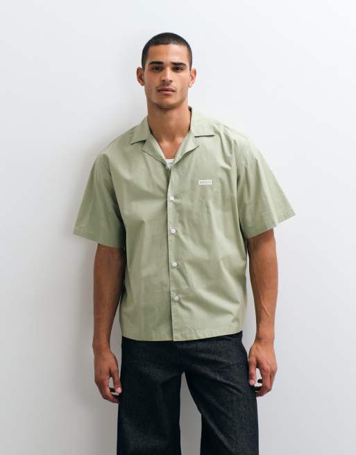 HUGO Blue Eligino relaxed fit revere collar shirt in mid green, 3 of 5