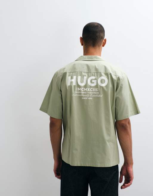 HUGO Blue Eligino relaxed fit revere collar shirt in mid green, 4 of 5