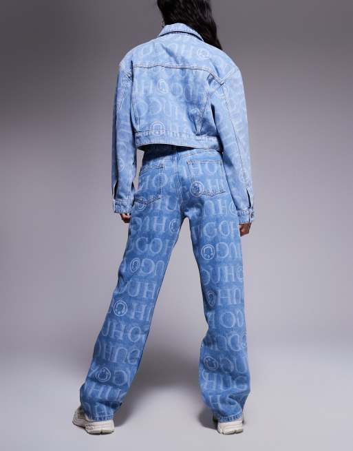 HUGO Blue elyah co-ord all over print logo jeans in blue, 3 of 5