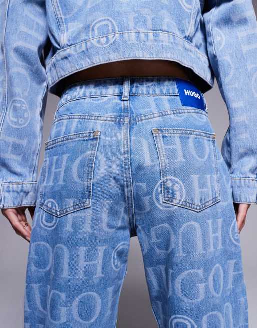 HUGO Blue elyah co-ord all over print logo jeans in blue, 4 of 5