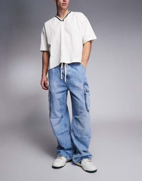 HUGO BLUE Enora loose fit carpenter jeans with drawstring waist in light blue - view 1