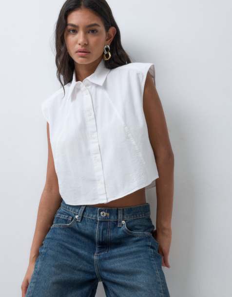 HUGO Blue estate cropped sleeveless shirt in white - view 1