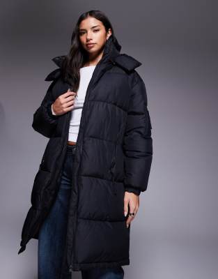 HUGO Blue - Faridali - Longline-Pufferjacke in Schwarz mit Kapuze