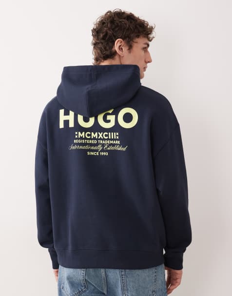 HUGO Blue - Felpa con cappuccio ampia in cotone blu scuro con stampa del logo sul retro - view 1