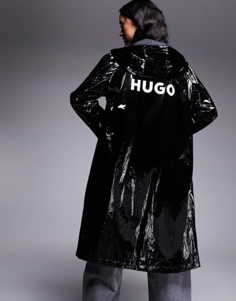HUGO Blue - Fenton - Giacca taglio lungo nera lucida con stampa del logo sul retro - view 1