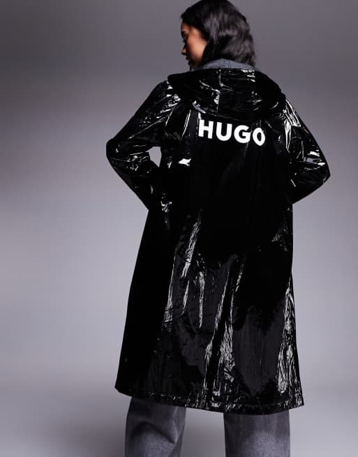 HUGO Blue - Fenton - Giacca taglio lungo nera lucida con stampa del logo sul retro