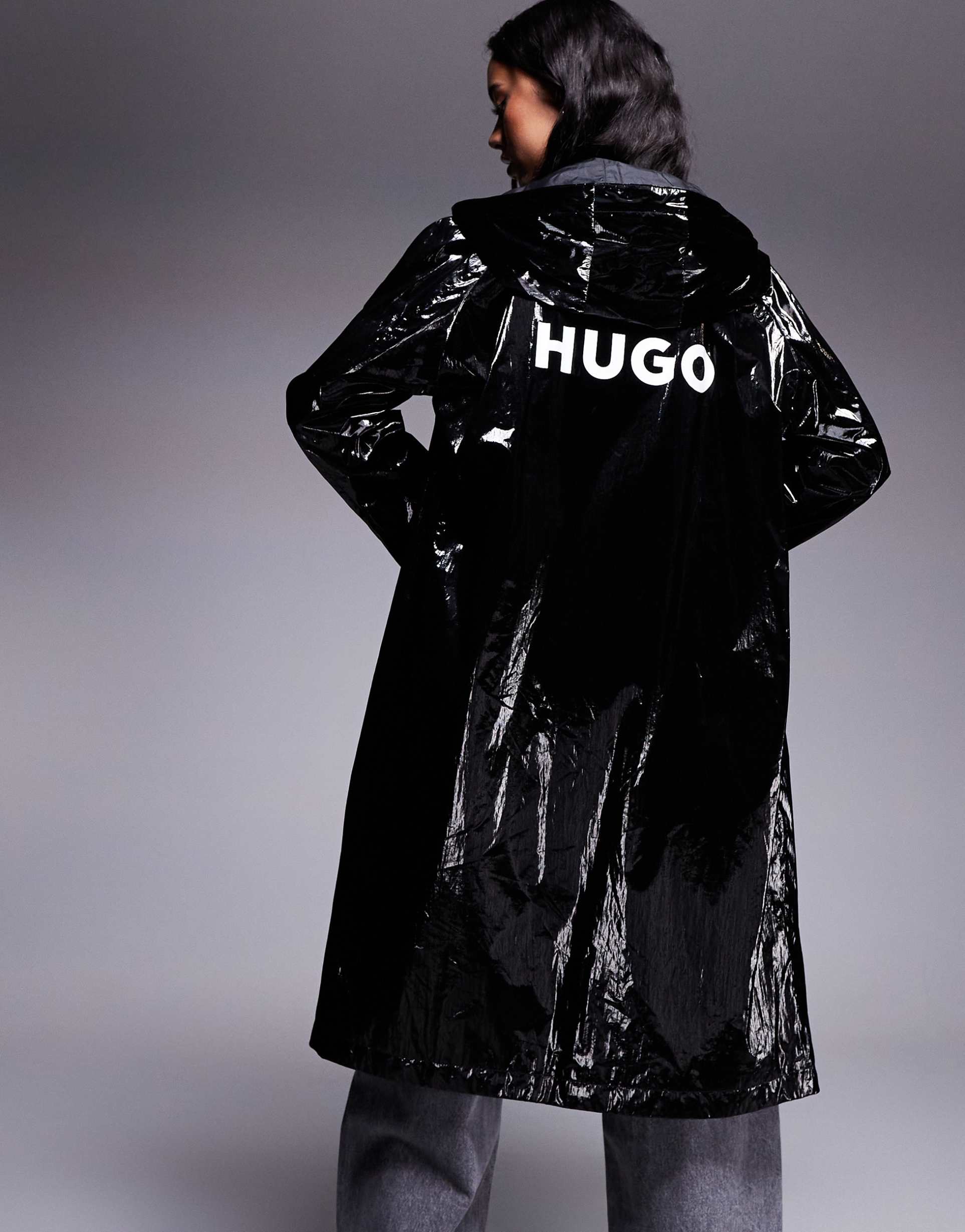 hugo blue fenton hi-shine longline jacket with backprint logo in black