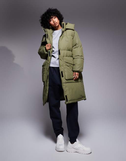 HUGO Blue flavia longline puffer jacket in dark green ASOS