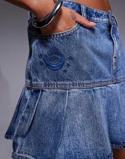 HUGO BLUE Gaby short pleated hem denim skirt in mid blue wash, 3 of 5