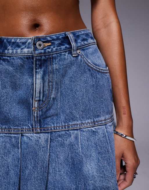 HUGO BLUE Gaby short pleated hem denim skirt in mid blue wash, 5 of 5