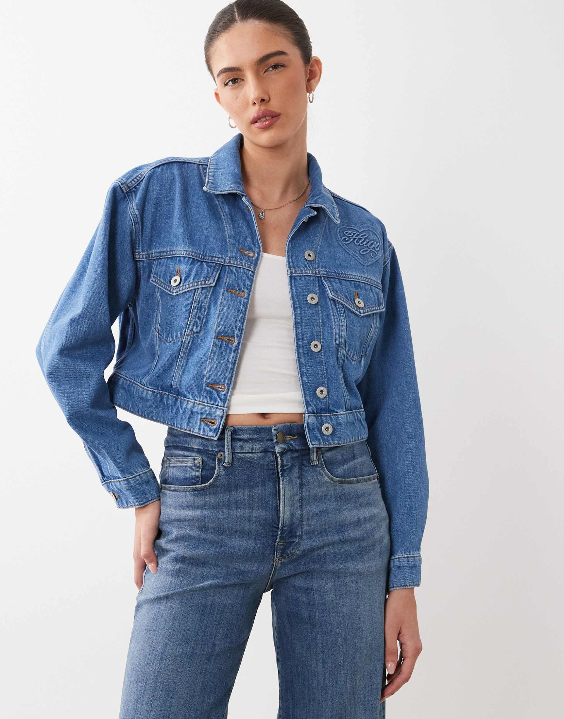 hugo blue galatea cropped denim jacket in mid blue