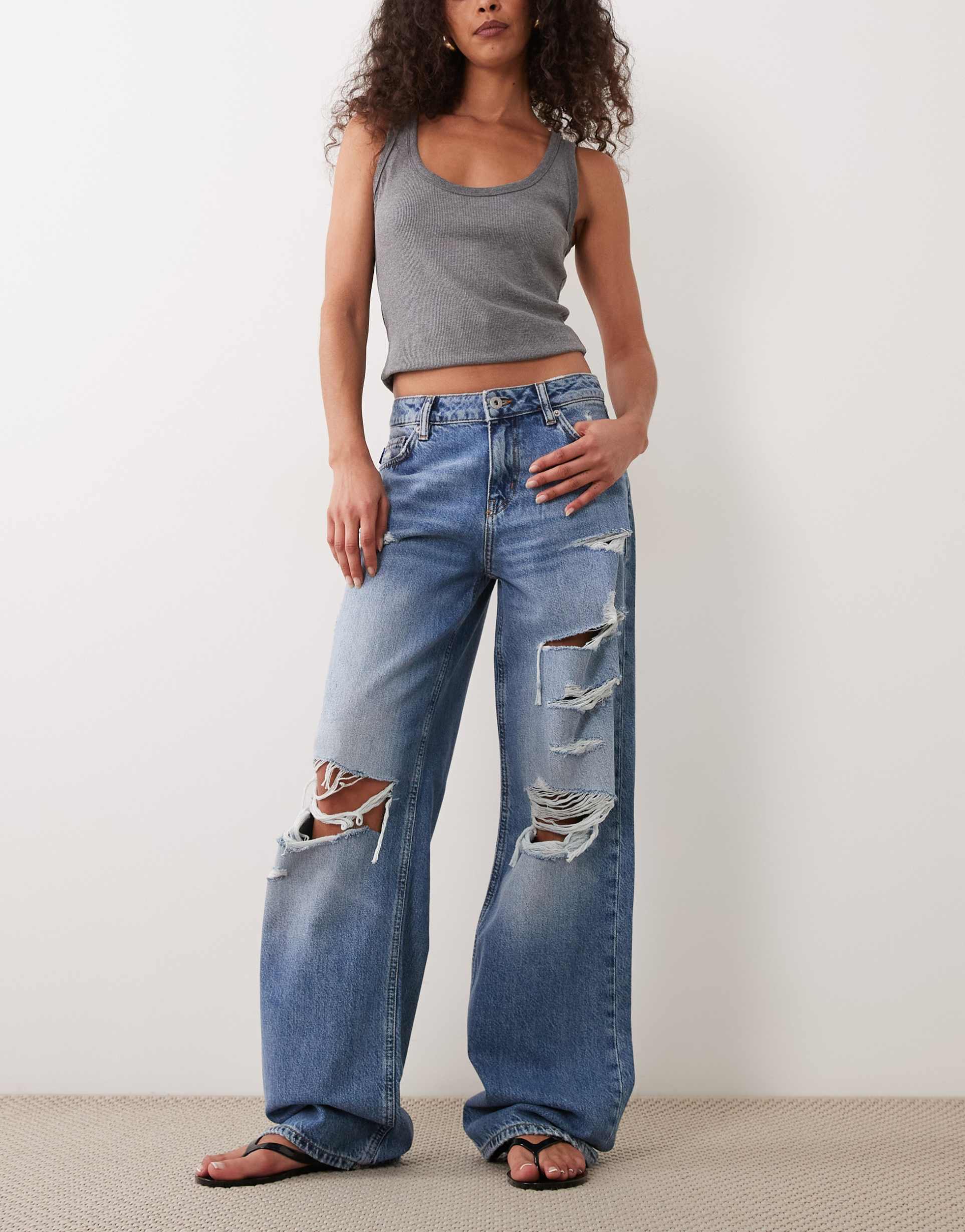 hugo blue gamala straight fit ripped jeans in mid blue