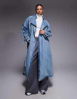 Hugo Blue Garena Long Denim Tench Coat In Blue
