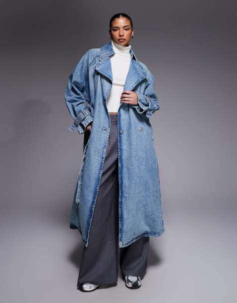 Hugo Blue Garena long denim tench coat in blue - view 1