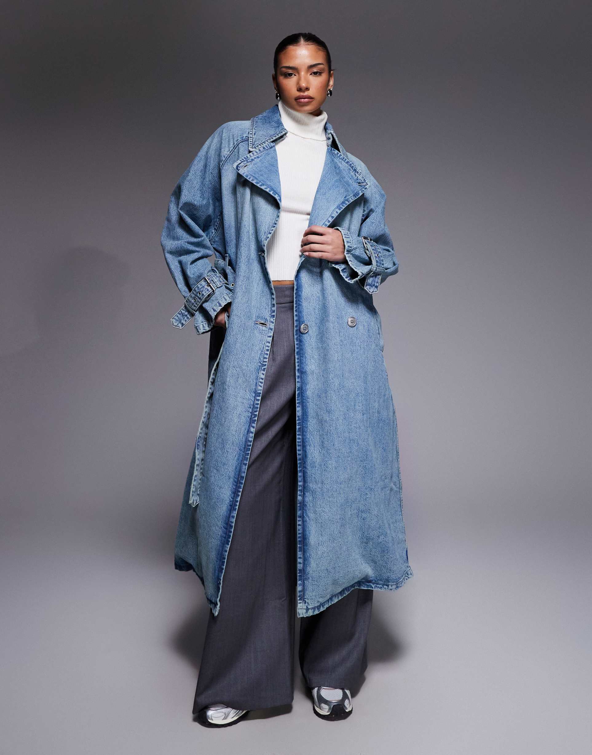 hugo blue garena long denim trench coat in blue