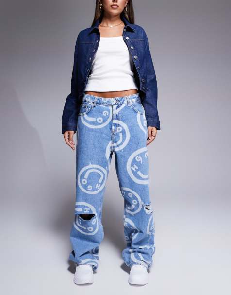 HUGO Blue Getara wide leg denim jeans in midwash blue with all over logo print - view 1