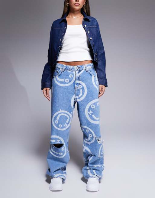 HUGO Blue getara wide leg denim jeans in midwash blue with all over logo print