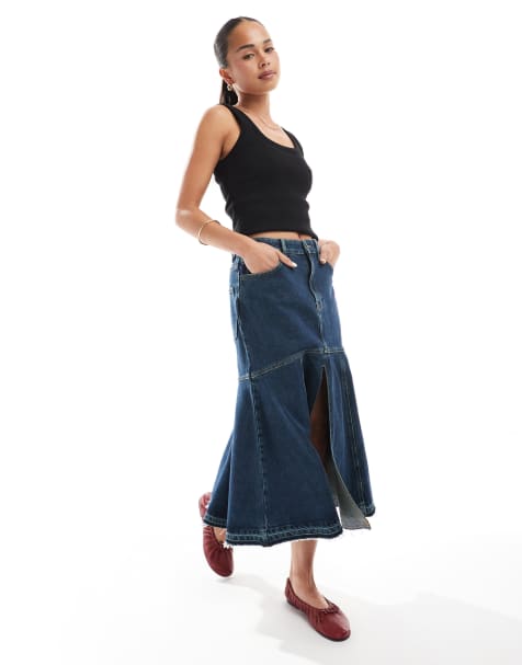 Hugo Blue denim midi skirt in navy