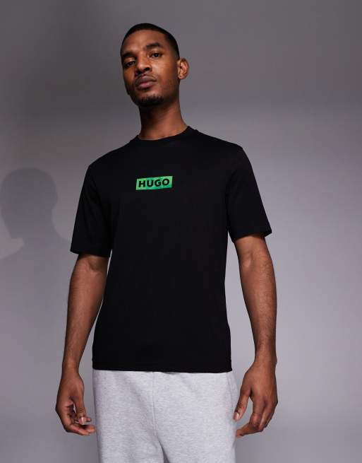 Hugo Blue green chest logo label t-shirt in black, 3 of 5