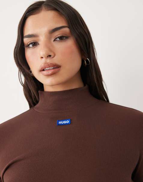 HUGO Blue logo easy long sleeve top in brown - view 1