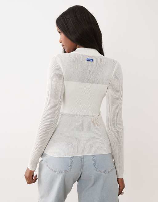 Hugo Blue long sleeve top in white, 3 of 4