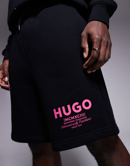 HUGO Blue loose fit jersey shorts in black with pink logo (part of a set)