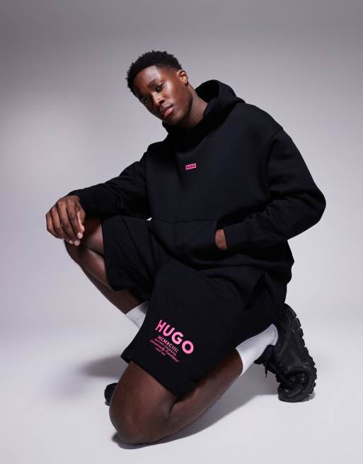 HUGO Blue loose fit jersey shorts in black with pink logo (part of a set)
