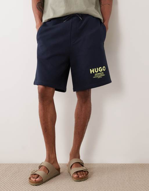 HUGO Blue loose fit shorts with logo print in dark blue, 2 of 5