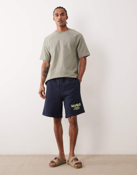 HUGO Blue - Losvallende short met logoprint in donkerblauw - view 1
