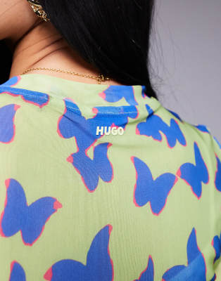 hugo blue mesh short sleeve dress in green with butterfly print