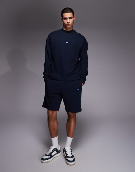HUGO Blue – Mörkblå sweatshirt i bomullsfrotté med påsydd blå logga, del av set, 2 av 5