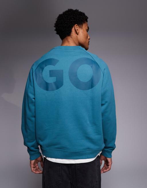 HUGO Blue Nalfcrew large logo sweatshirt in teal, 3 of 5